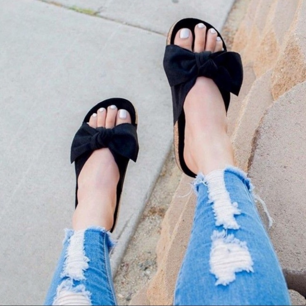 Black Bow Knot Cork Slides Sandals - Picture 2 of 11